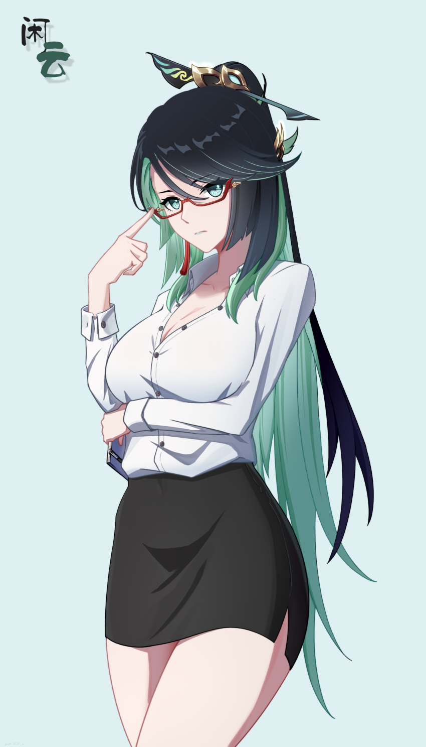 1girl absurdres black_hair black_skirt book breasts ceciliashaniat cleavage collared_shirt colored_inner_hair genshin_impact glasses green_background green_eyes green_hair highres holding holding_book large_breasts long_hair long_sleeves looking_at_viewer multicolored_hair office_lady ponytail red-framed_eyewear semi-rimless_eyewear shirt simple_background skirt solo standing white_shirt xianyun_(genshin_impact)