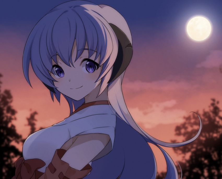 1girl backlighting blurry blurry_background blush bow breasts closed_mouth commentary demon_girl demon_horns detached_sleeves dusk from_side full_moon hair_between_eyes hanyuu highres higurashi_no_naku_koro_ni horns japanese_clothes kimono large_breasts long_hair looking_at_viewer moon moonlight outdoors poyadevil purple_eyes purple_hair red_bow sleeveless sleeveless_kimono smile solo split_mouth symbol-only_commentary tareme upper_body white_kimono