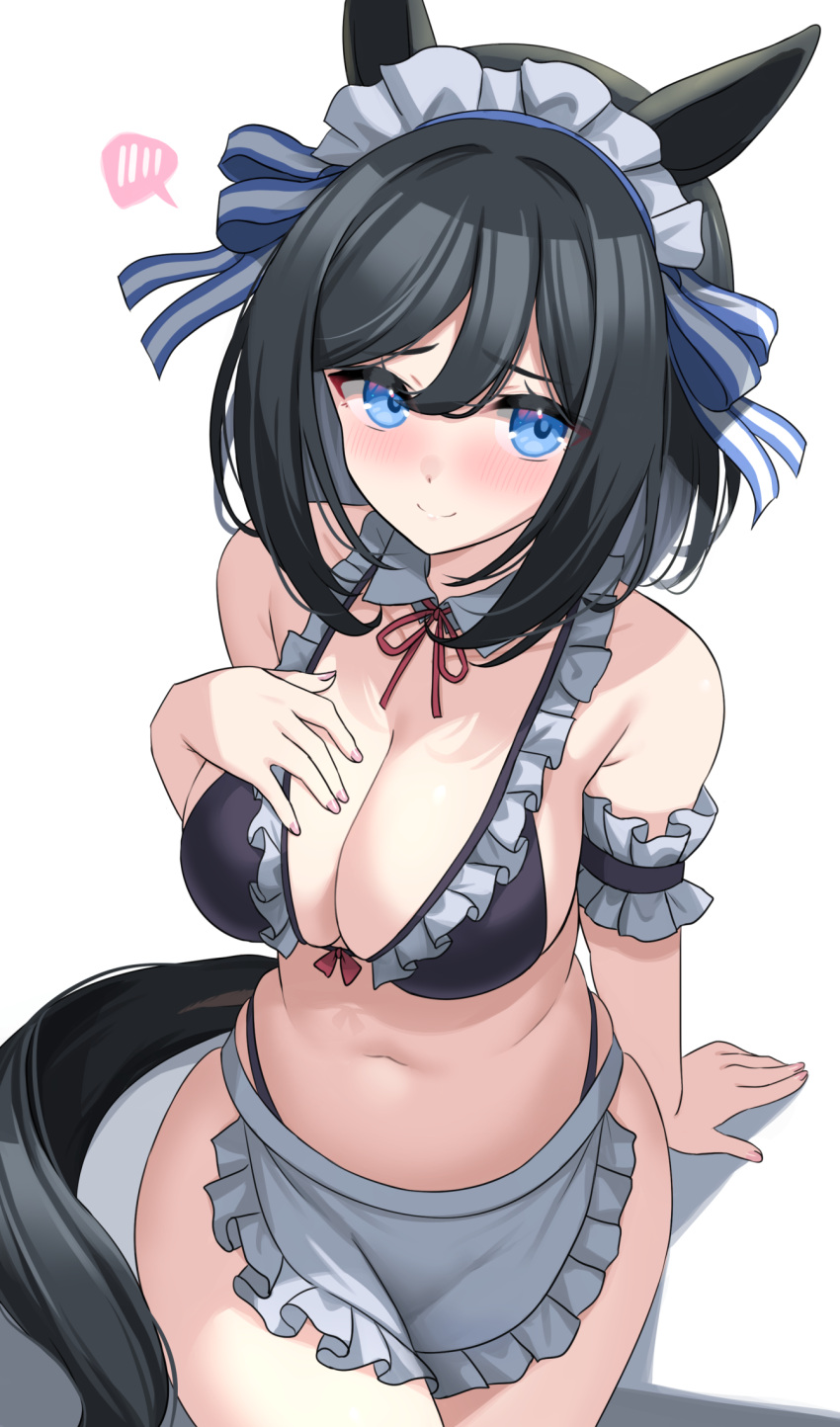 1girl animal_ears apron bikini black_bikini black_hair blue_eyes blush breasts cleavage closed_mouth cowboy_shot eishin_flash_(umamusume) frilled_apron frills hair_between_eyes highres horse_ears horse_girl horse_tail kibihimi large_breasts looking_at_viewer maid maid_apron maid_bikini maid_headdress short_hair simple_background solo spoken_blush swimsuit tail umamusume unconventional_maid white_apron white_background