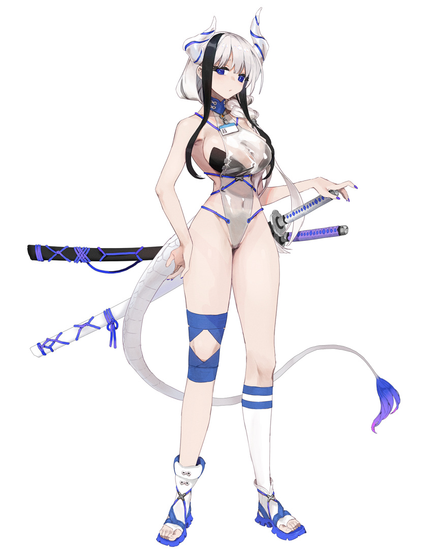 1girl ankle_boots bare_shoulders boots breasts closed_mouth fingernails full_body gg_dal hair_over_shoulder highleg highleg_leotard highres horns katana large_breasts leotard looking_at_viewer multicolored_hair multiple_swords nail_polish navel original purple_nails scabbard sheath sheathed single_sock socks solo standing sword tail toeless_footwear transparent_leotard two-tone_hair weapon white_hair white_socks