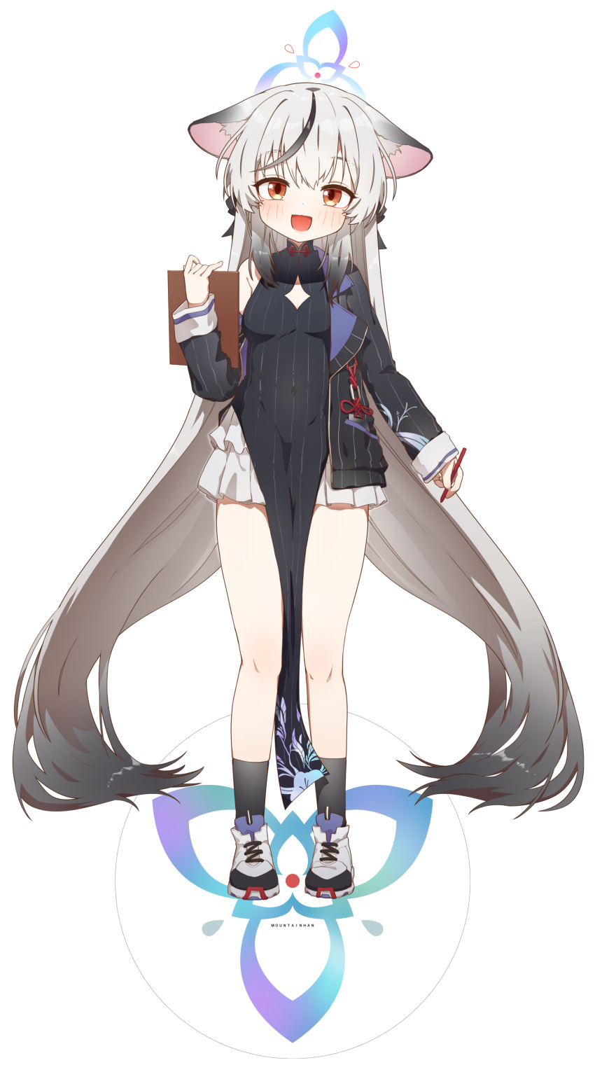 1girl absurdres animal_ears black_dress black_hair black_jacket black_socks blue_archive blue_halo blush breasts china_dress chinese_clothes cleavage_cutout clothing_cutout dress full_body grey_hair halo highres jacket kokona_(blue_archive) long_hair long_sleeves looking_at_viewer mountain_han multicolored_hair open_clothes open_jacket open_mouth orange_eyes shoes simple_background small_breasts smile socks solo streaked_hair striped_clothes striped_dress striped_jacket tiger_ears vertical-striped_clothes vertical-striped_dress vertical-striped_jacket white_background white_footwear