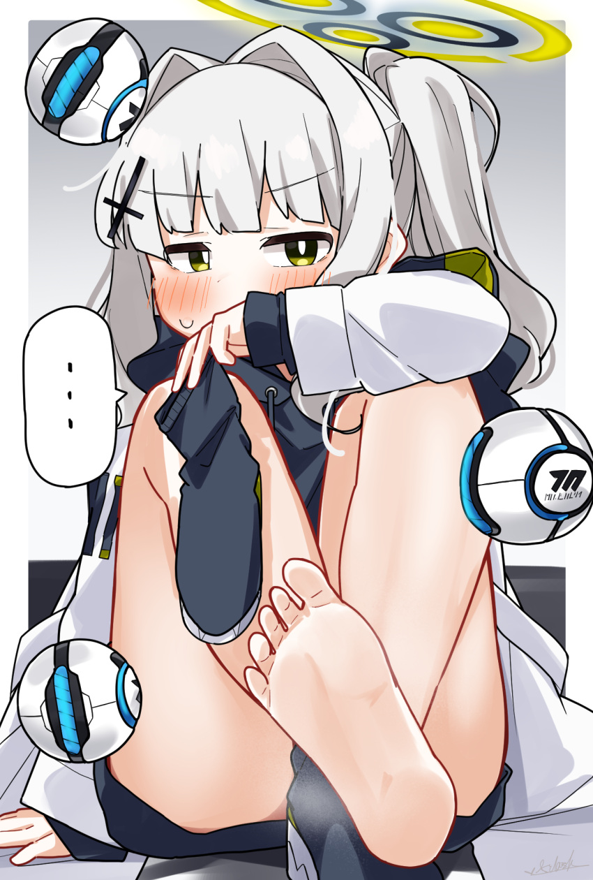 ... 1girl barefoot black_hoodie black_socks blue_archive blush commentary_request covered_mouth dash_b drawstring gradient_background grey_background grey_hair hair_intakes halo hare_(blue_archive) highres holding_sock hood hood_down hoodie knees_up long_sleeves looking_at_viewer one_side_up puffy_long_sleeves puffy_sleeves robot sitting sleeves_past_wrists socks soles solo spoken_ellipsis sweat unworn_socks v-shaped_eyebrows yellow_eyes