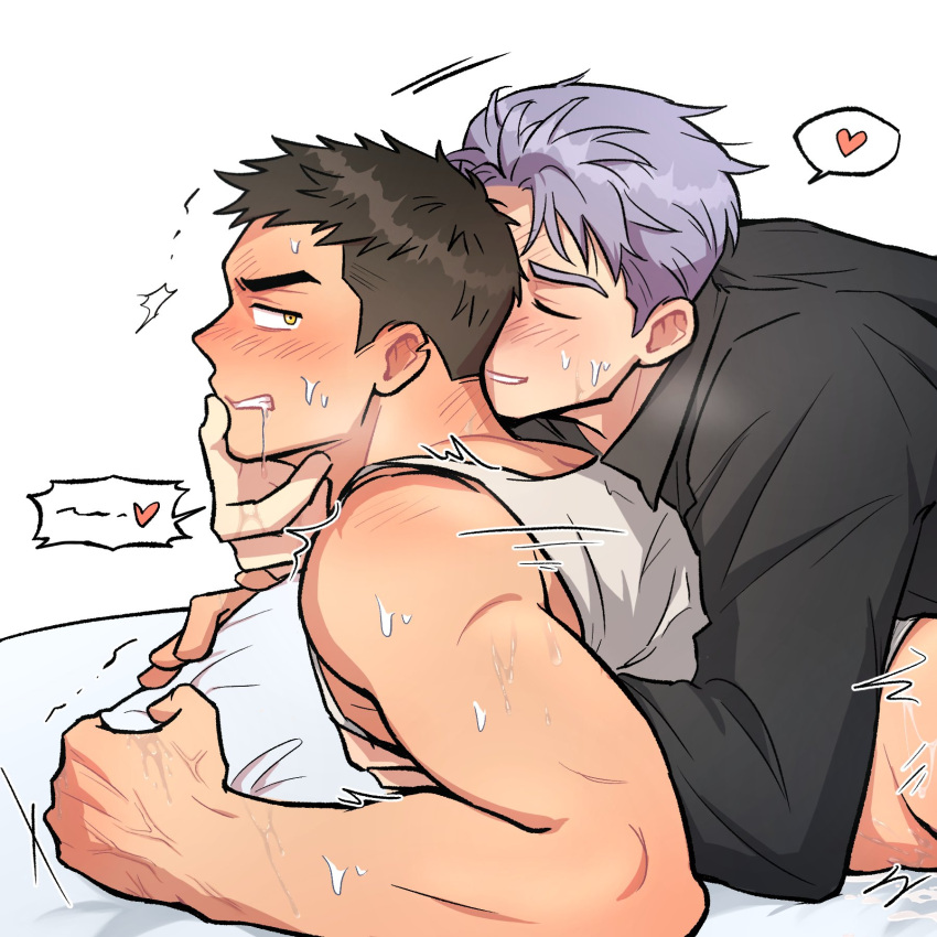 2boys anal bara blush couple finger_in_another's_mouth from_side greg_(dart_0001) happy_sex heart highres hugging_object kai_(dart_0001) lying male_focus multiple_boys on_stomach original out-of-frame_censoring pillow pillow_hug profile prone_bone purple_hair saliva second-party_source sex short_hair sideburns smile spoken_heart sweat tank_top thick_eyebrows upper_body very_sweaty wasted_m9 white_background white_tank_top yaoi