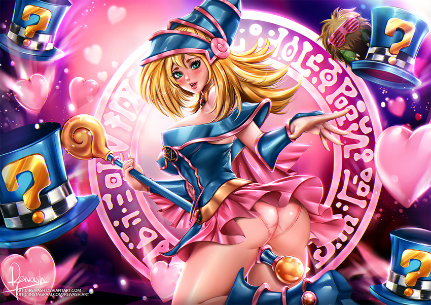 1girl artist_name ass bare_legs bare_shoulders blonde_hair boots breasts creature dark_magician_girl demon duel_monster female gloves green_eyes hat heart huge_ass kuriboh large_breasts long_hair looking_at_viewer looking_back magical_girl nude panties shiny shiny_skin skirt smile solo very_long_hair wizard_hat yu-gi-oh!