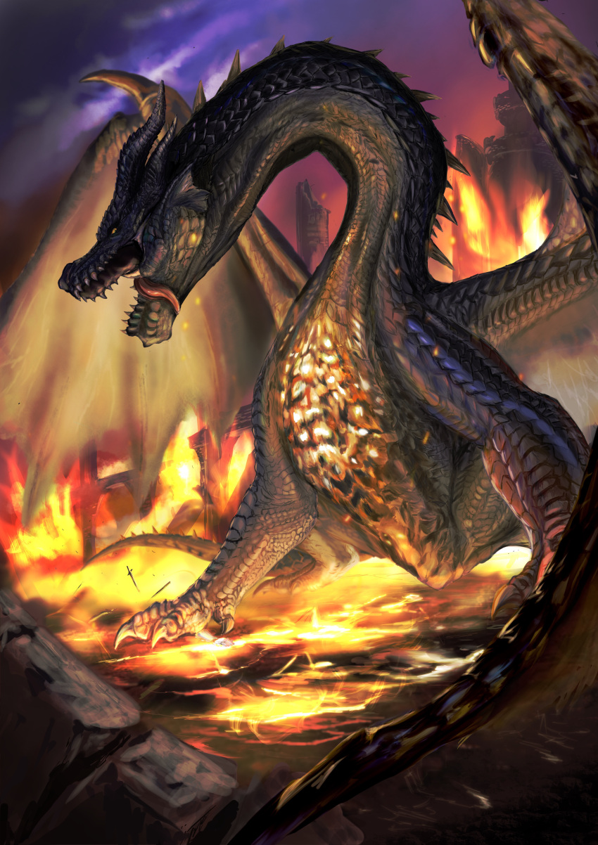 absurdres black_scales castle claws dragon dragon_horns dragon_tail dragon_wings fatalis fire fujikura glowing highres horns monster monster_focus monster_hunter:_world monster_hunter_(series) orange_eyes planted planted_sword ruins scales sharp_teeth sky slit_pupils solo spikes spread_wings standing sword tail teeth tongue tongue_out weapon western_dragon wings