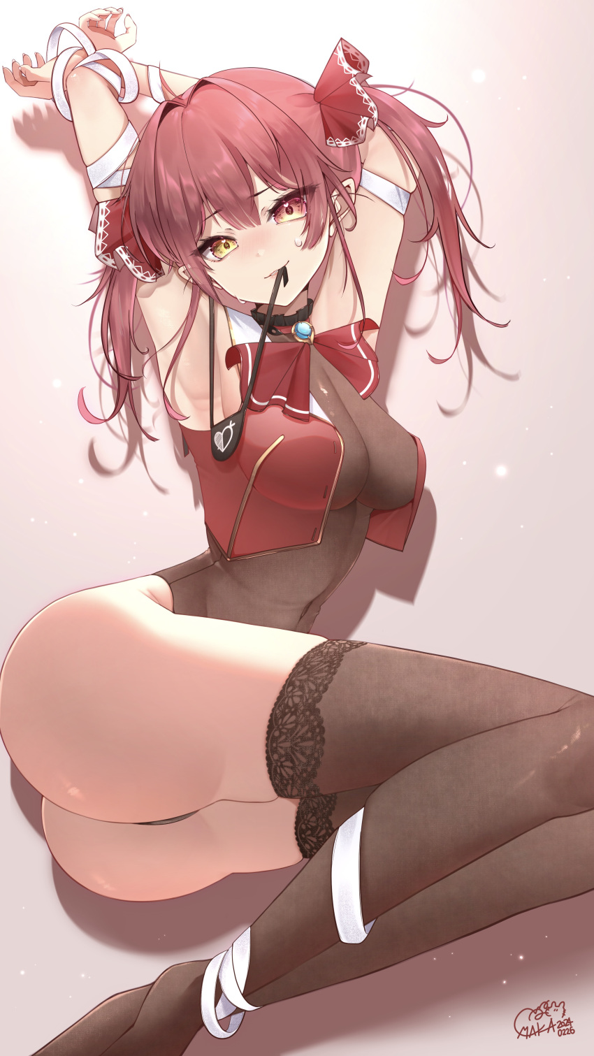 1girl absurdres armpits arms_up ascot black_choker black_thighhighs blush bound bound_arms breasts choker cropped_jacket eyepatch frilled_choker frills hair_ribbon heart heart_in_eye heterochromia highres hololive houshou_marine houshou_marine_(1st_costume) jacket large_breasts leotard leotard_under_clothes long_hair looking_at_viewer maka_aratame mouth_hold red_ascot red_eyes red_hair red_jacket red_ribbon ribbon sleeveless sleeveless_jacket smile symbol_in_eye thighhighs unworn_eyepatch virtual_youtuber white_background yellow_eyes