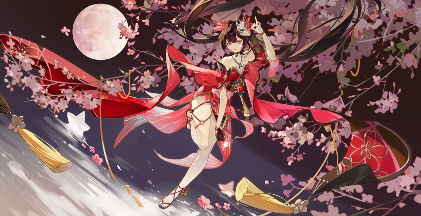 1girl absurdres arm_up bare_shoulders black_gloves bow brown_hair cherry_blossoms criss-cross_halter dress floating_hair fox_mask fox_shadow_puppet full_body full_moon gloves hair_bow halterneck highres honkai:_star_rail honkai_(series) knees_together_feet_apart long_hair mask mask_on_head moon night o-ring open_mouth outdoors pelvic_curtain pink_eyes red_bow red_dress sandals short_dress single_glove sleeveless sleeveless_dress solo sparkle_(honkai:_star_rail) teeth thigh_strap thighs tree twintails wind zhengzhengyaozhengfa