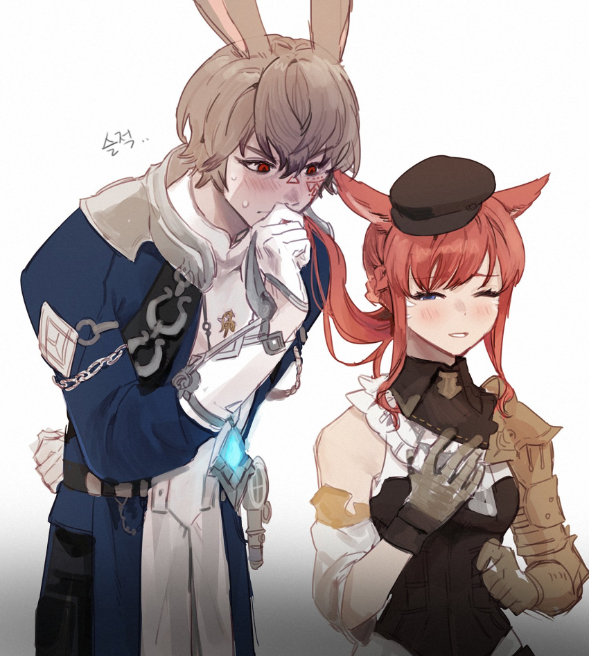 1boy 1girl animal_ears black_headwear blue_vest blush braid brown_gloves brown_hair cat_ears corset dot_nose facial_tattoo final_fantasy final_fantasy_xiv gauntlets gg_dal gloves hand_on_own_chest hat height_difference highres lalah_jinjahl leaning_forward loifa miqo'te one_eye_closed parted_lips purple_eyes red_eyes red_hair simple_background single_gauntlet smelling_hair smile tattoo vest viera white_background white_gloves