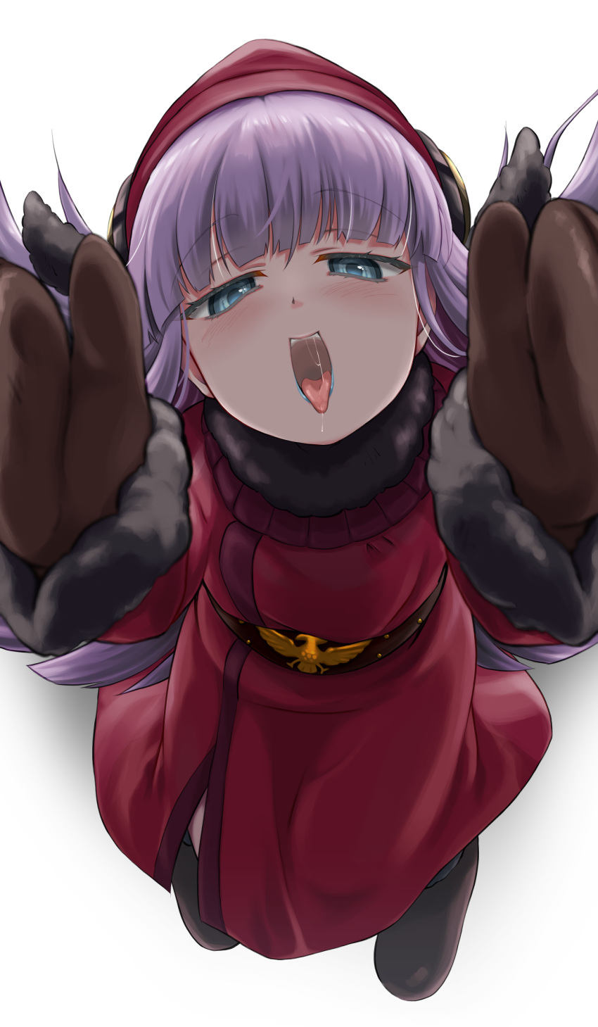 1girl absurdres belt blue_eyes blue_lips blunt_bangs blush brown_mittens dress drooling eyelashes facing_viewer floating_hair foreshortening highres incoming_hug long_hair looking_at_viewer midair mittens mouth_drool muu_shuwuu open_mouth purple_hair reaching reaching_towards_viewer saliva shin_megami_tensei solo suiriku_ryouyou tongue tongue_out