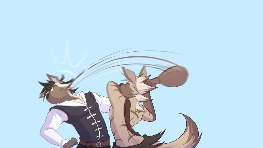 anthro bard calder_(temptations_ballad) clothed clothing cole_(temptations_ballad) duo fight fur hi_res hyena magic_user male mammal musical_instrument plucked_string_instrument shirokoi simple_background spotted_hyena string_instrument striped_hyena temptations_ballad_(visual_novel)