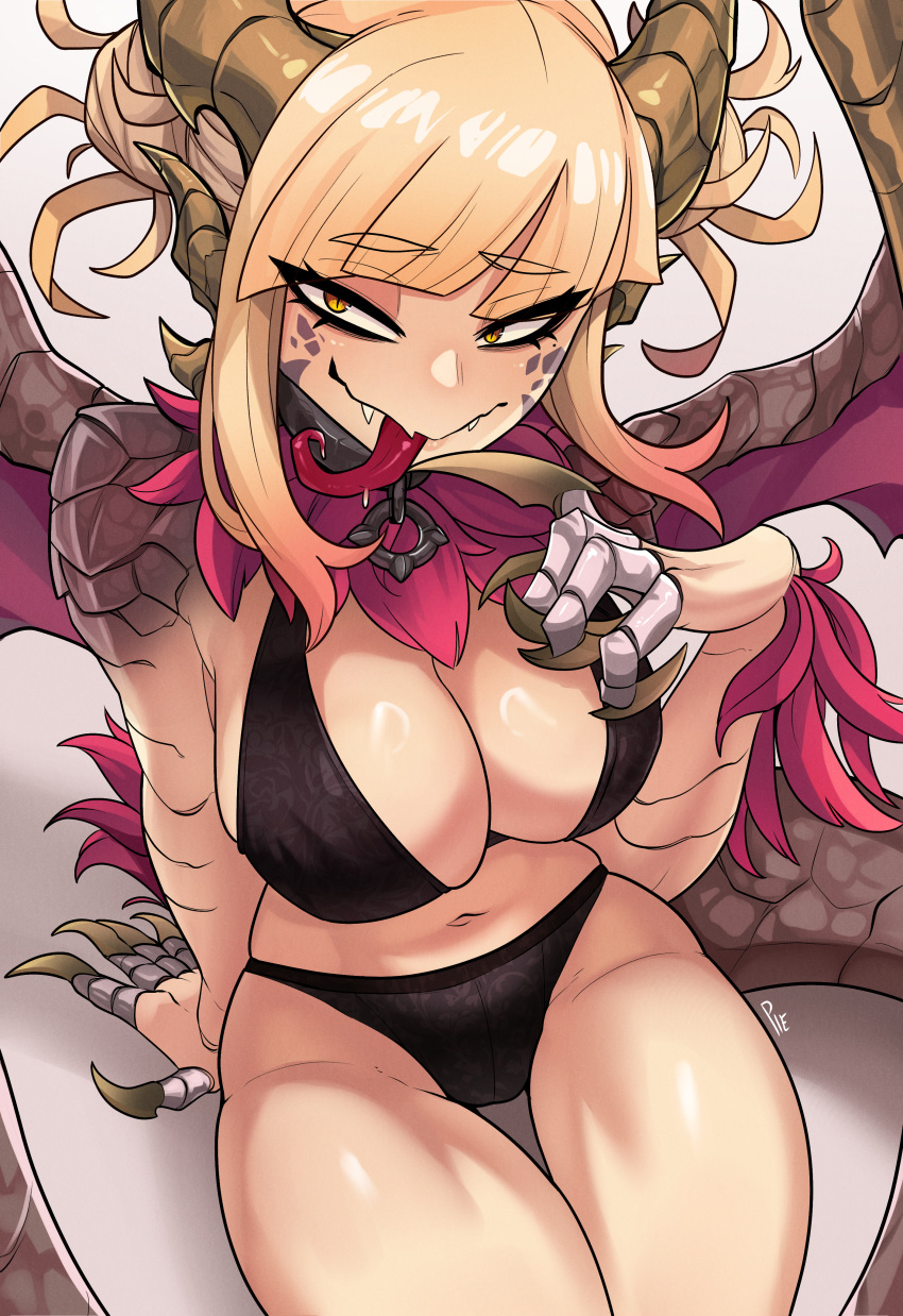 1girl absurdres arm_support black_panties blonde_hair boku_no_hero_academia breasts chinese_new_year choppy_bangs claws cleavage closed_mouth dragon_girl dragon_horns dragon_tail dragon_wings english_commentary fangs fangs_out hand_up highres horns large_breasts long_hair long_tongue looking_to_the_side malzeno_(monster_hunter) messy_hair monster_hunter_(series) monster_hunter_rise narrowed_eyes panties scales shiny_skin simple_background sitting skindentation slit_pupils smile solo tail thigh_gap toga_himiko tongue tongue_out underwear unusualpie white_background wings yellow_eyes