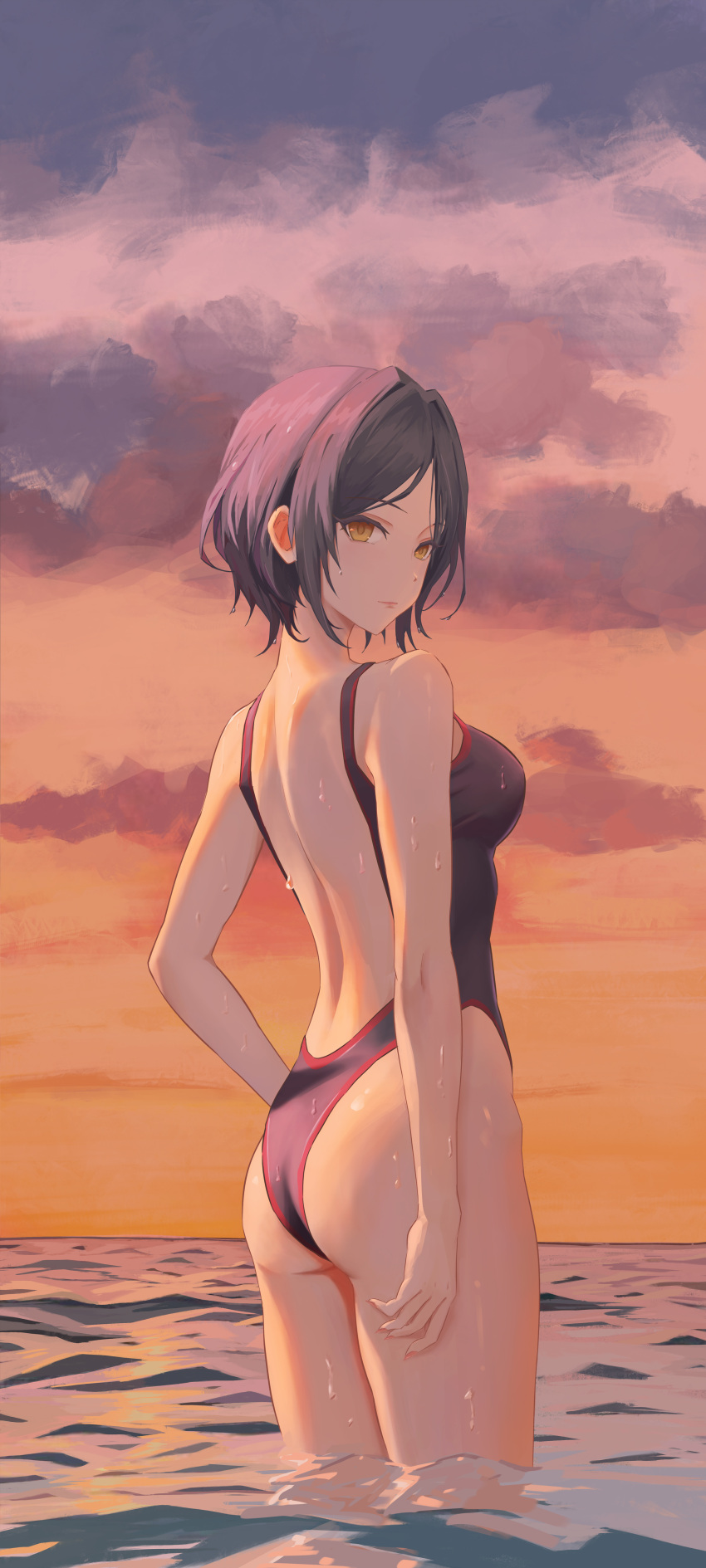 1girl absurdres alternate_costume ass backless_swimsuit blue_hair breasts dark_blue_hair hayami_kanade highres idolmaster idolmaster_cinderella_girls looking_at_viewer looking_back median_furrow medium_breasts outdoors qingli_ye short_hair two-tone_one-piece_swimsuit wading