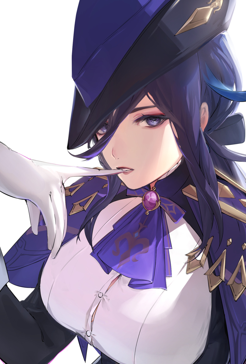 1girl ascot biting black_bow black_jacket bow breasts button_gap clorinde_(genshin_impact) genshin_impact glove_biting gloves hair_behind_ear hair_between_eyes hair_bow hat highres jacket large_breasts long_hair looking_at_viewer low_ponytail parted_lips peso_(honopesopeso) purple_ascot purple_eyes purple_hair shirt solo taut_clothes taut_shirt tricorne vision_(genshin_impact) white_shirt