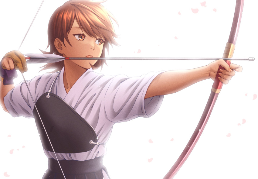 1girl archery archery_shooting_glove arrow_(projectile) bow_(weapon) brown_eyes brown_hair closed_mouth commentary_request falling_petals gloves hakama hakama_skirt highres holding holding_arrow holding_bow_(weapon) holding_weapon japanese_clothes looking_to_the_side masatoshi_1219 muneate nail_polish outstretched_arm partially_fingerless_gloves persona persona_3 persona_3_reload petals pink_nails short_hair simple_background single_glove skirt solo swept_bangs takeba_yukari upper_body weapon white_background yugake