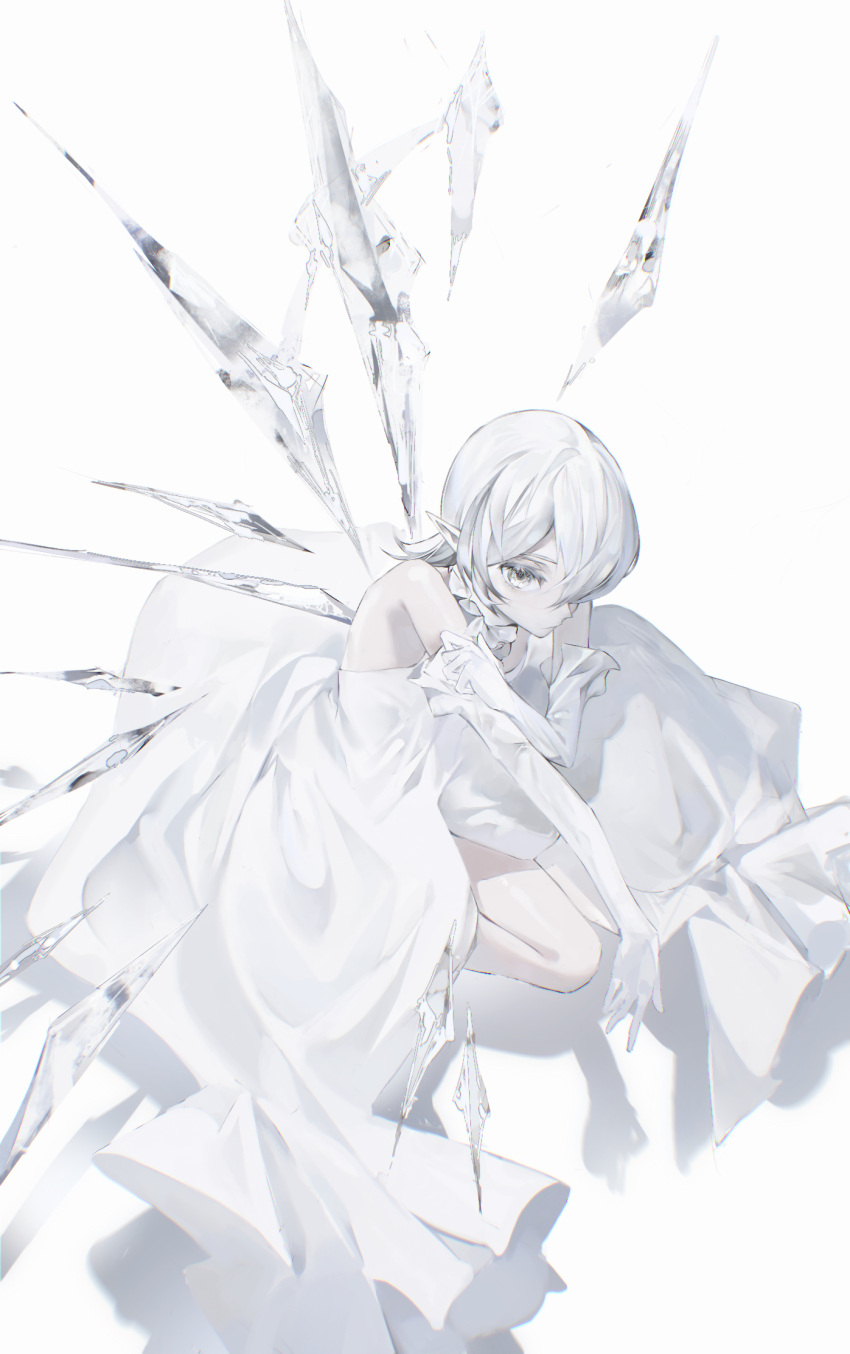 1girl bare_shoulders commentary_request crystal_wings dress elbow_gloves expressionless gloves highres original pointy_ears raivarune short_hair solo white_dress white_eyes white_gloves white_hair white_theme wings