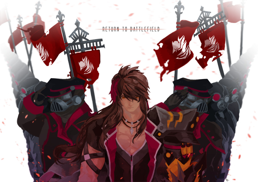 absurdres brown_hair elsword english_text flag flagpole gas_mask hat hazmat_suit henrya highres jacket jewelry long_hair mask mechanical_arms military_hat multicolored_hair necklace open_clothes open_jacket open_shirt raven_cronwell red_hair salute single_mechanical_arm soldier streaked_hair toned toned_male two-tone_hair veteran_commander_(elsword) yellow_eyes