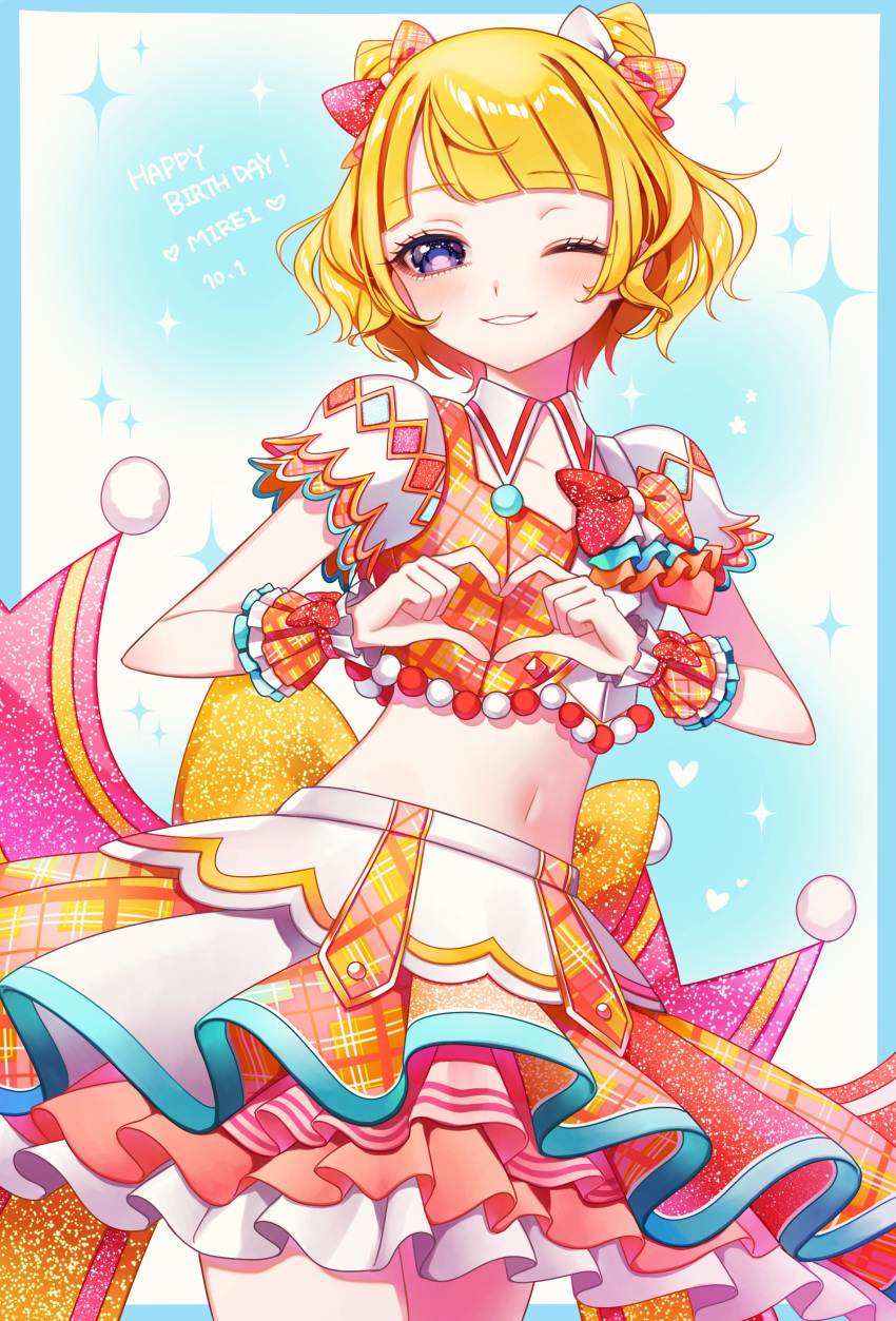 1girl ;d absurdres ao_(ao0_0nemu) bad_id bad_pixiv_id blonde_hair blue_eyes blunt_bangs bow cone_hair_bun cowboy_shot cropped_shirt double_bun hair_bow hair_bun hands_up happy_birthday heart heart_hands highres idol_clothes layered_skirt looking_at_viewer minami_mirei navel one_eye_closed open_mouth orange_shirt orange_skirt pleated_skirt pretty_series pripara puffy_short_sleeves puffy_sleeves shirt short_hair short_sleeves skirt smile solo standing wrist_cuffs