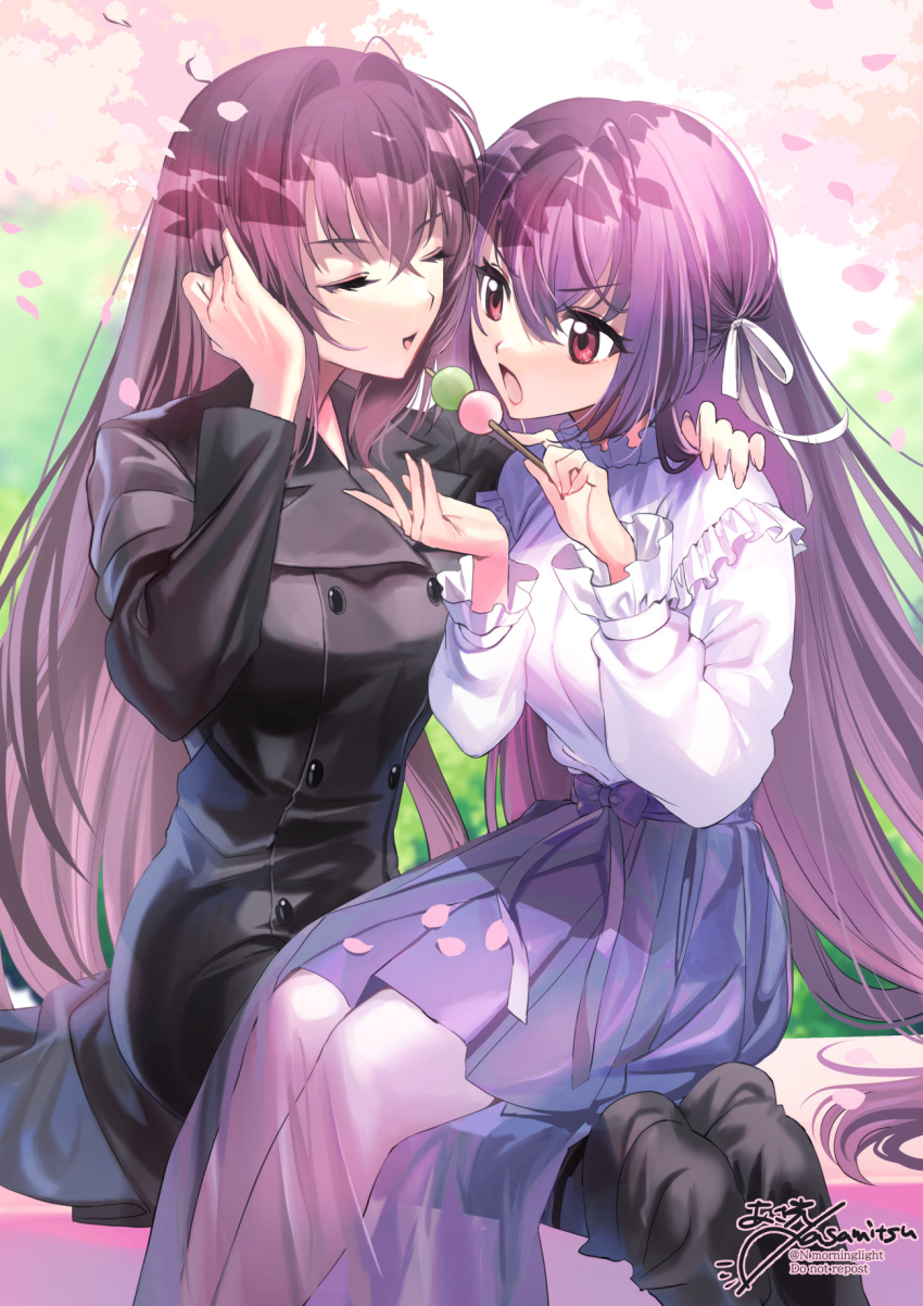 asakou_(n_morninglight) blush breasts closed_eyes dango eating fate/grand_order fate_(series) food highres large_breasts long_hair long_sleeves open_mouth purple_hair red_eyes scathach_(fate) scathach_skadi_(fate) wagashi