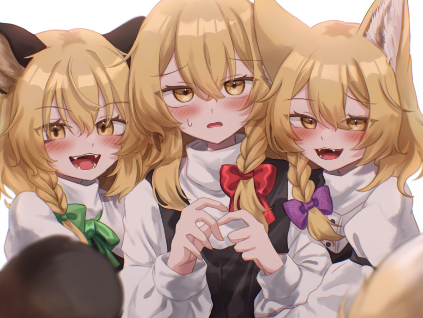 3girls :3 :d animal_ear_fluff animal_ears black_vest blonde_hair blurry blush bow braid commentary crossed_bangs depth_of_field double-parted_bangs eyelashes eyes_visible_through_hair fangs fox_ears frown furrowed_brow futatsuiwa_mamizou girl_sandwich green_bow hair_between_eyes hands_up happy highres hug karasu2020_8 kirisame_marisa kudamaki_tsukasa long_hair long_sleeves look-alike looking_at_viewer medium_hair multiple_girls no_headwear open_mouth puffy_long_sleeves puffy_sleeves purple_bow raccoon_ears red_bow sandwiched shirt simple_background single_braid slit_pupils smile sweatdrop teeth tongue touhou tsurime turtleneck upper_body upturned_eyes vest white_background white_shirt yellow_eyes