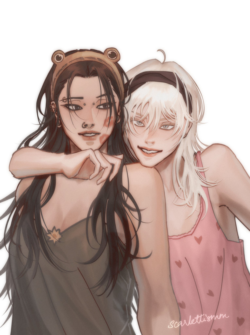 2girls ahoge arm_around_neck black_hair black_hairband bridge_piercing camisole commentary ear_piercing english_commentary eyebrow_piercing genderswap genderswap_(mtf) getou_suguru gojou_satoru grey_camisole grey_eyes hairband heart heart_print highres jujutsu_kaisen lipstick_mark long_hair looking_at_viewer multiple_girls nose_piercing parted_lips piercing pink_camisole plug_(piercing) print_camisole red_lips scarlettismm simple_background smile upper_body white_background white_hair yuri