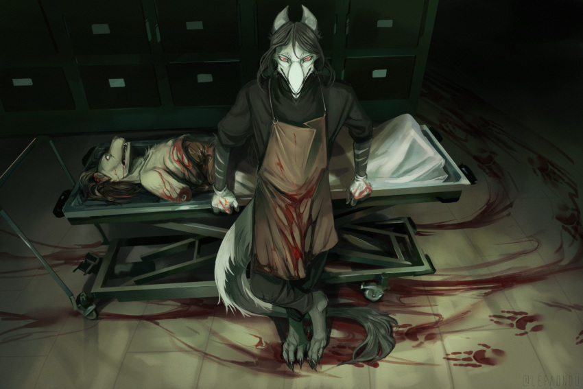 anthro apron autopsy autopsy_table blood blood_on_apron blood_on_clothing blood_on_face blood_on_fur blood_on_hand bloody_footprint bodily_fluids clothed clothing corpse creepy_gun exposed_organs footprint fur furniture hi_res high-angle_view looking_at_viewer morgue open_mouth scary sergal solo table tail tail_tuft tuft unknown_species