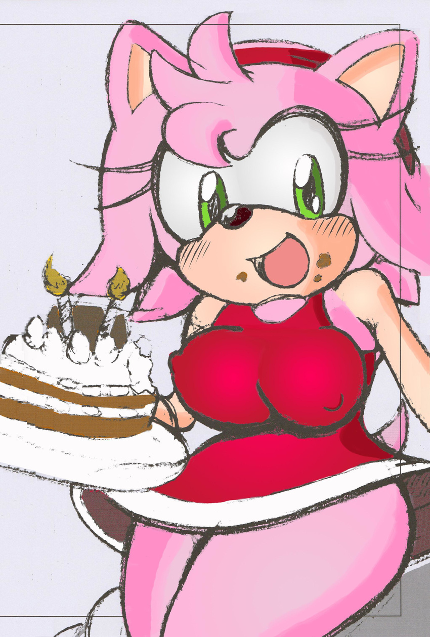 absurd_res amy_rose anthro big_breasts breasts clothed clothing comic female fully_clothed hedgehog hi_res mammal michiyoshi nipple_bulge smile solo sonic_(series)