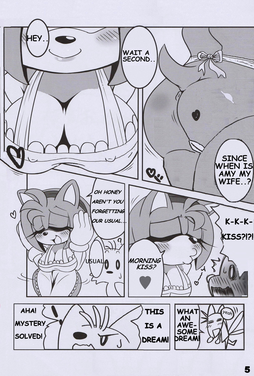 &lt;3 absurd_res amy_rose anthro anus big_breasts breasts canine cleavage clothed clothing comic english_text female fox greyscale hedgehog hi_res male mammal michiyoshi miles_prower monochrome nipple_bulge partially_clothed pussy smile sonic_(series) text uncensored