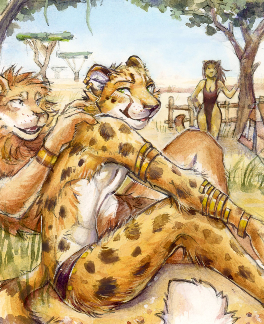 akatan_art anthro blue_sky brown_eyes duo_focus ear_piercing ear_ring facial_spots felid female front_view fur grass green_eyes group hi_res male mammal markings orange_body orange_fur outside piercing plant ring_piercing side_view sitting sky spots spotted_arms spotted_body spotted_face spotted_fur spotted_legs standing traditional_media_(artwork) tree trio yellow_body yellow_fur