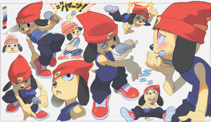 angry anthro beanie bodily_fluids bottomwear canid canine canis clothing domestic_dog electronics floppy_ears footwear grin hat headgear headwear heart_eyes heart_symbol japanese_text male mammal microphone multiple_poses one_eye_closed pants parappa parappa_the_rapper pose shirt shoes sleeping sleeveless_shirt smile solo sony_corporation sony_interactive_entertainment sound_effects spiral_eyes star sweat text tongue tongue_out topwear uzucake vowelless vowelless_sound_effect wink zzz