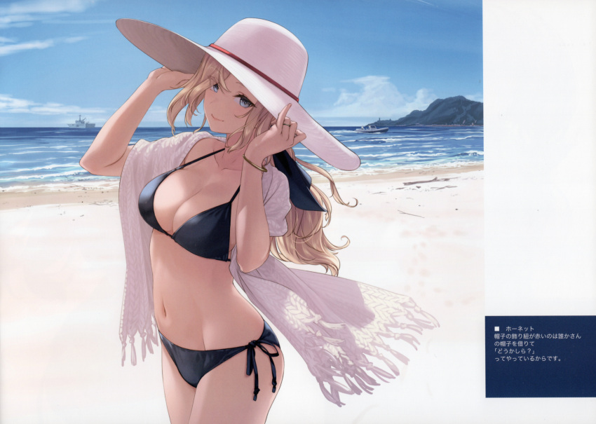 1girl absurdres alternate_costume beach bikini black_bikini blonde_hair blue_eyes boat branch breasts cleavage cloud collarbone comiket_102 cowboy_shot hair_ribbon hands_on_headwear hat highres hornet_(kancolle) kantai_collection large_breasts lips long_hair mountain navel non-web_source ocean outdoors ribbon rokuwata_tomoe sand scan shore side-tie_bikini_bottom sky smile solo stomach sun_hat swimsuit watercraft white_hat