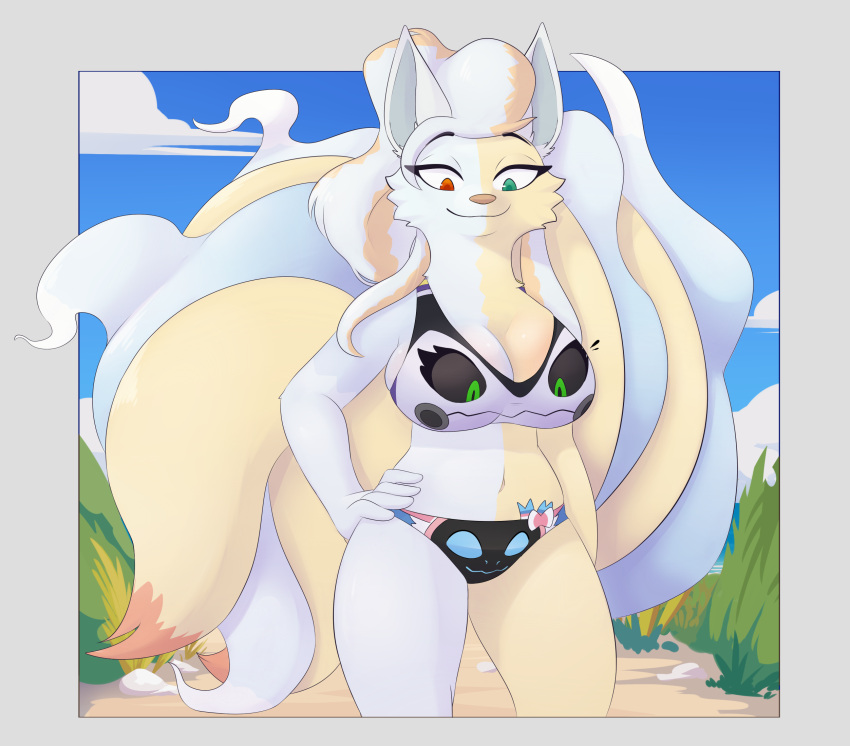 2023 5_fingers 9_tails alolan_form alolan_ninetales anthro beach_background bikini bikini_bottom bikini_only bikini_top bikini_transformation blue_sky bra bra_transformation breasts clothing clothing_transformation eeveelution elizabeth_karola female female_(lore) female_anthro fingers front_view fur future_pokemon generation_1_pokemon generation_6_pokemon generation_7_pokemon generation_9_pokemon grass green_eyes grey_body grey_fur grey_inner_ear group heterochromia hi_res hybrid legendary_pokemon looking_at_breasts looking_at_own_breasts looking_at_self looking_down looking_down_at_self machine medium_breasts miraidon multi_tail navel ninetales nintendo orange_nose panties paradox_pokemon plant pokemon pokemon_(species) protogen red_eyes regional_form_(pokemon) sky smile solo sports_bikini sports_bra sports_bra_bikini standing swimwear sylveon sylveon_protogen tail trio underwear underwear_transformation unknown_artist wearing_bra wearing_clothing_character wearing_underwear white_ears yellow_body yellow_fur