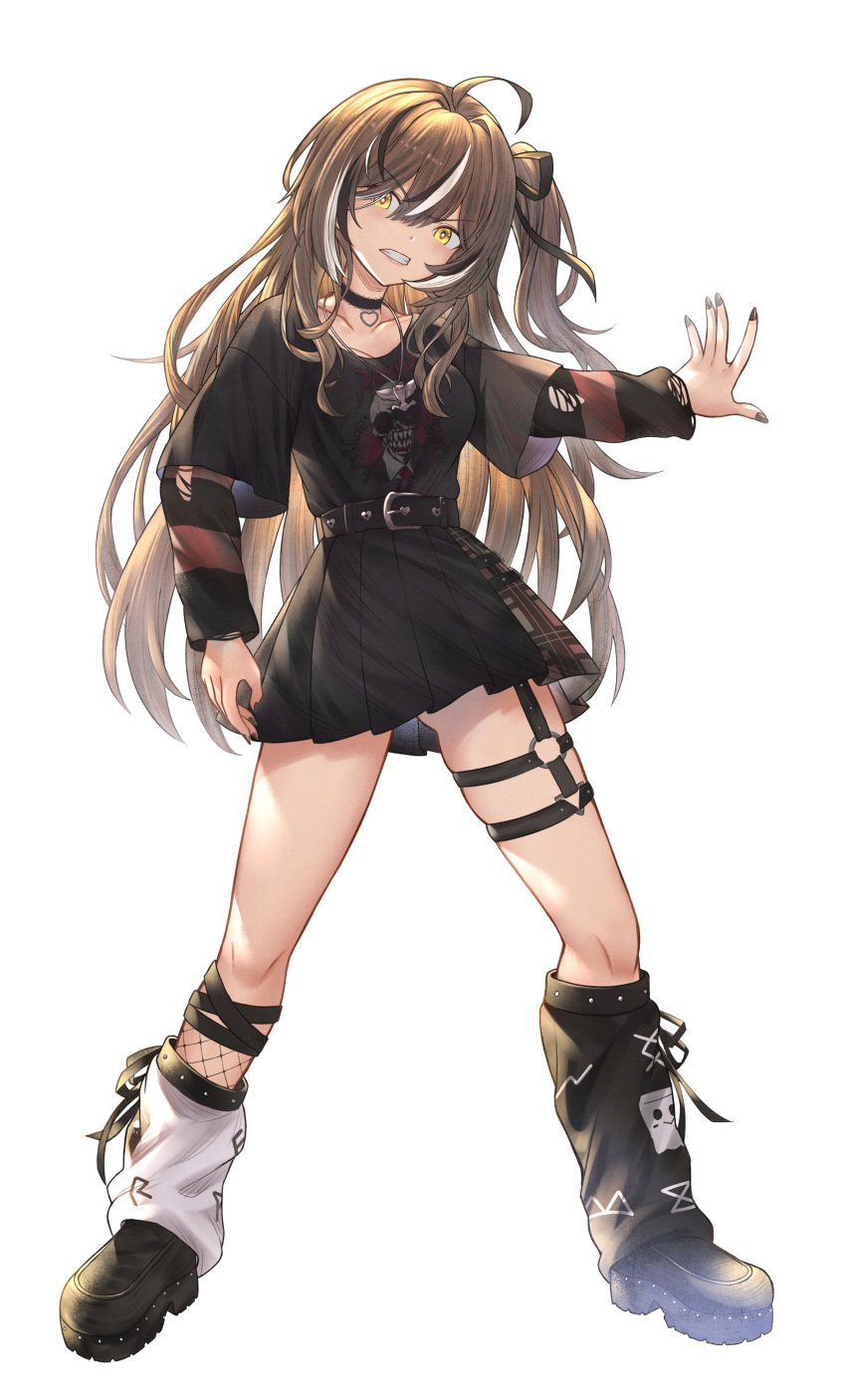 absurdres ahoge belt_chain black_choker black_leg_warmers black_nails black_shirt black_skirt boots brown_hair choker emo_fashion heart heart_choker highres hololive hololive_english honkivampy huge_ahoge lace-trimmed_choker lace_trim long_hair nanashi_mumei nanashi_mumei_(emo) o-ring o-ring_thigh_strap shirt shirt_tucked_in side_ponytail skirt striped_clothes striped_sweater sweater thigh_strap two-tone_shirt white_leg_warmers