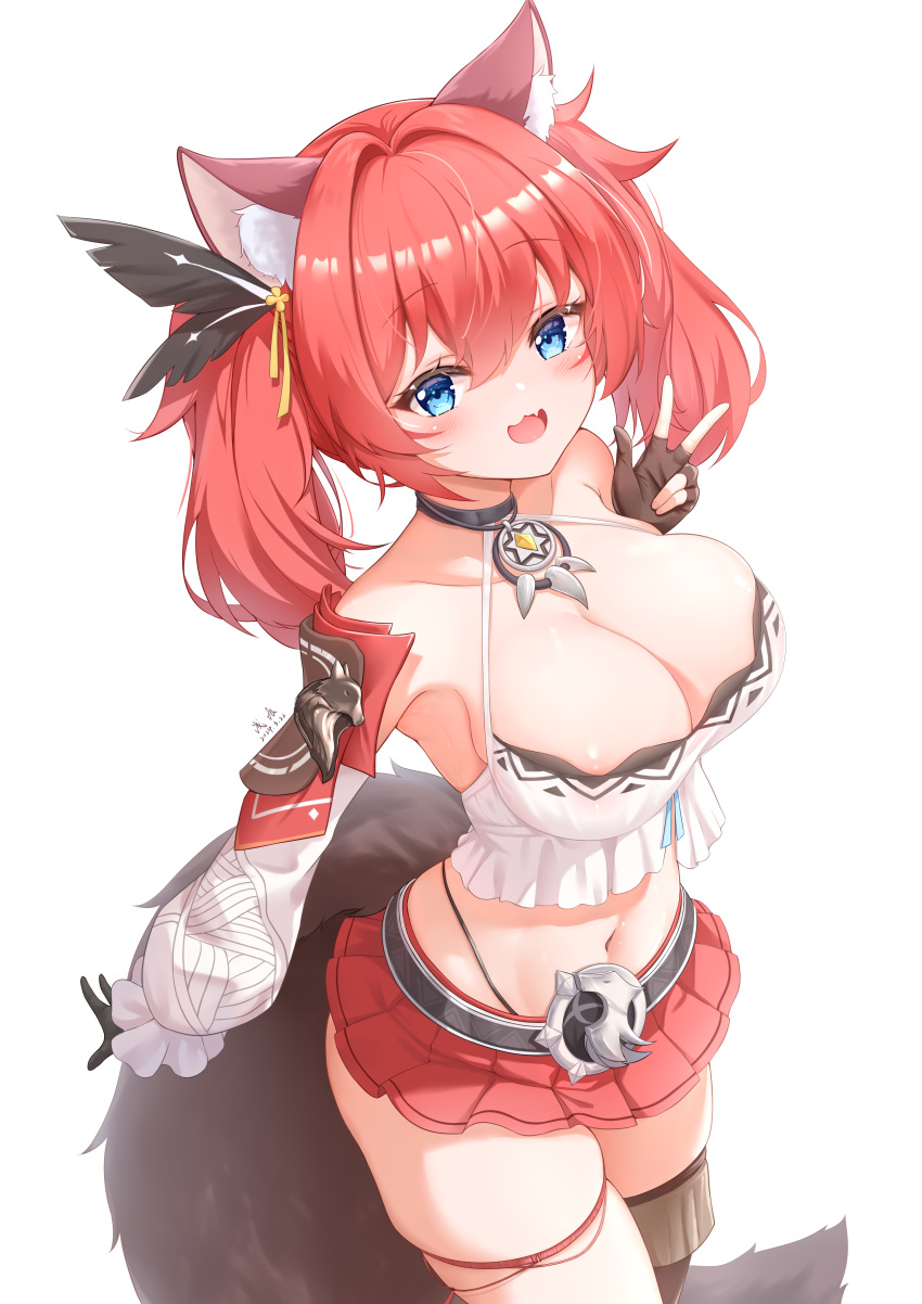 1girl absurdres animal_ears arm_up asymmetrical_gloves azur_promilia bare_shoulders belt black_choker black_gloves blue_eyes breasts choker criss-cross_halter crop_top detached_sleeves fingerless_gloves fox_ears fox_girl fox_tail gloves hair_between_eyes halterneck highres jewelry large_breasts long_sleeves looking_at_viewer miniskirt navel necklace open_mouth pleated_skirt qian_hen red_hair red_skirt revealing_clothes shirt simple_background skirt smile solo standing tail terara_(azur_promilia) thigh_strap twintails white_background white_shirt