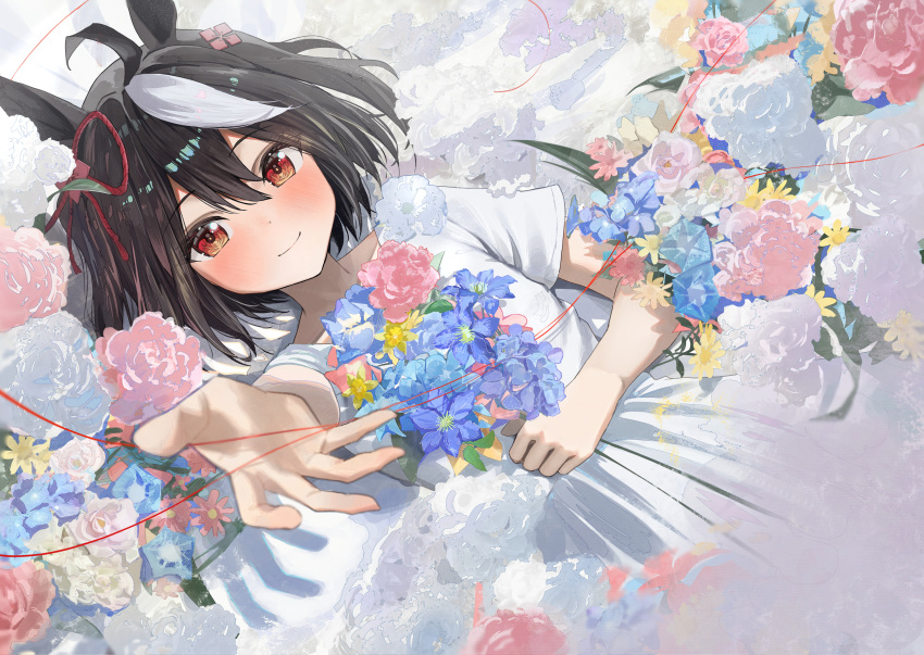 1girl absurdres animal_ears black_hair blue_flower closed_mouth dress flower foreshortening hair_between_eyes hidulume highres horse_ears horse_girl kitasan_black_(umamusume) looking_at_viewer multicolored_hair pink_flower reaching reaching_towards_viewer red_eyes short_hair short_sleeves smile solo streaked_hair two_side_up umamusume white_dress white_hair yellow_flower