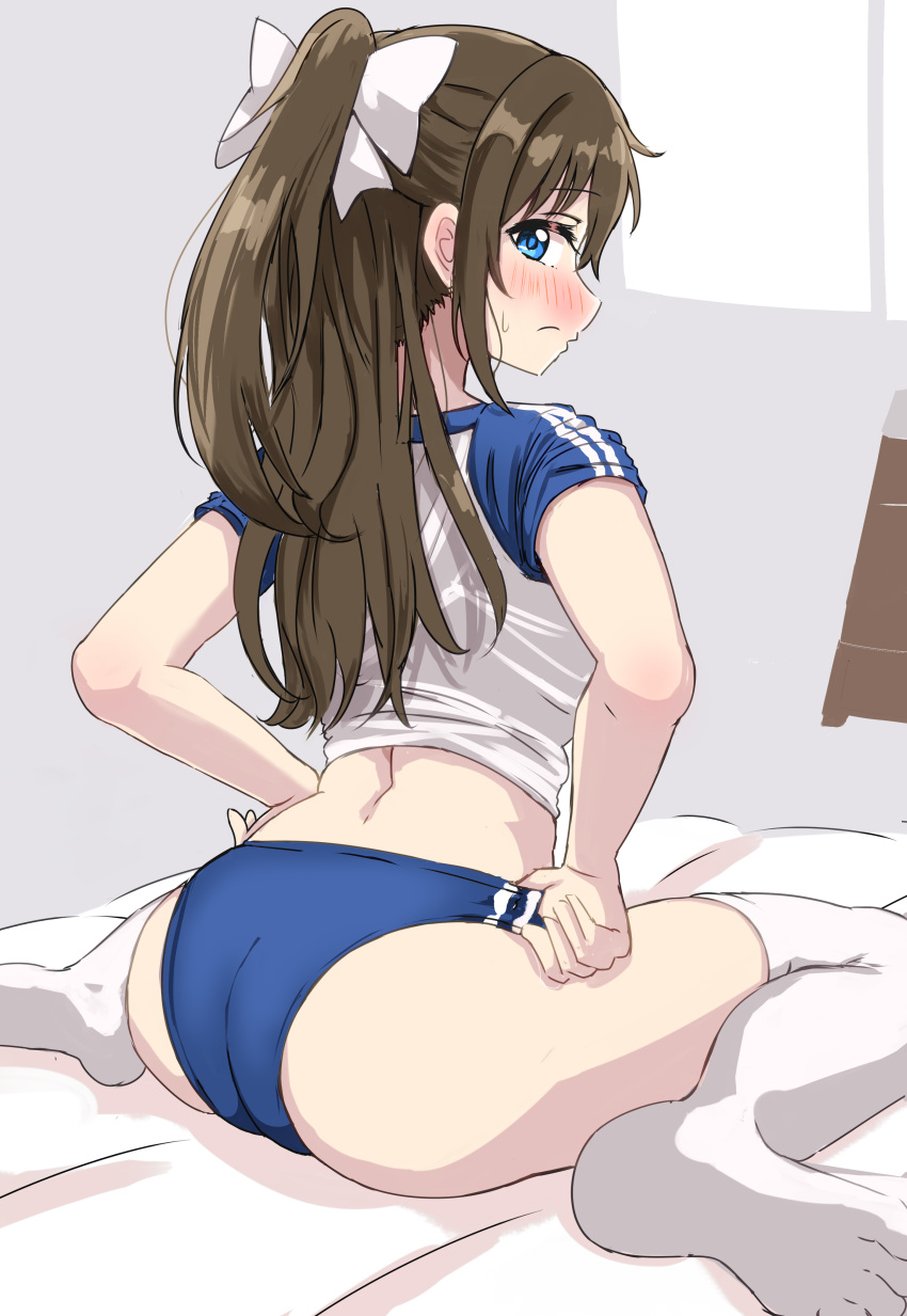 1girl absurdres arched_back ass blue_buruma blue_eyes blush bow brown_hair buruma character_request closed_mouth clothes_grab copyright_name copyright_request ereka from_behind gym_uniform hair_bow half_updo hand_on_own_hip highres leaning_forward long_hair looking_at_viewer looking_back midriff no_shoes nose_blush ponytail shirt sitting solo sweatdrop thighhighs two-tone_shirt wariza white_bow white_thighhighs