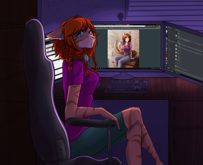 2019 anthro blue_eyes chair clothed clothing computer countershading desk discord_(app) domestic_cat felid feline felis female gaming_chair hair kayla_angel mammal office red_hair rensakai sitting solo stripes