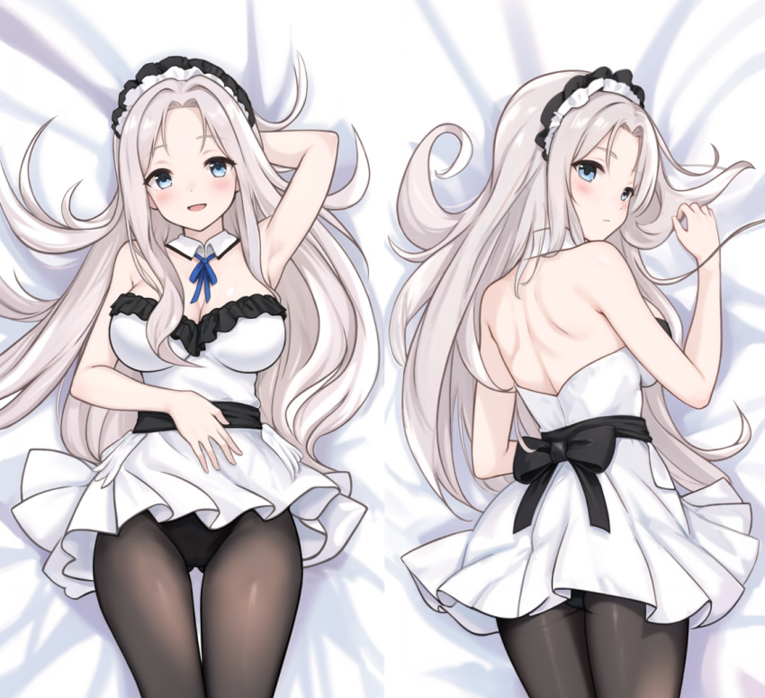 1girl alternate_costume azur_lane breasts cleavage cowboy_shot dakimakura_(medium) enmaided from_above lying maid maid_headdress on_back on_bed panties panties_under_pantyhose pantyhose sa_(nax49) underwear yorktown_(azur_lane) yorktown_ii_(azur_lane)