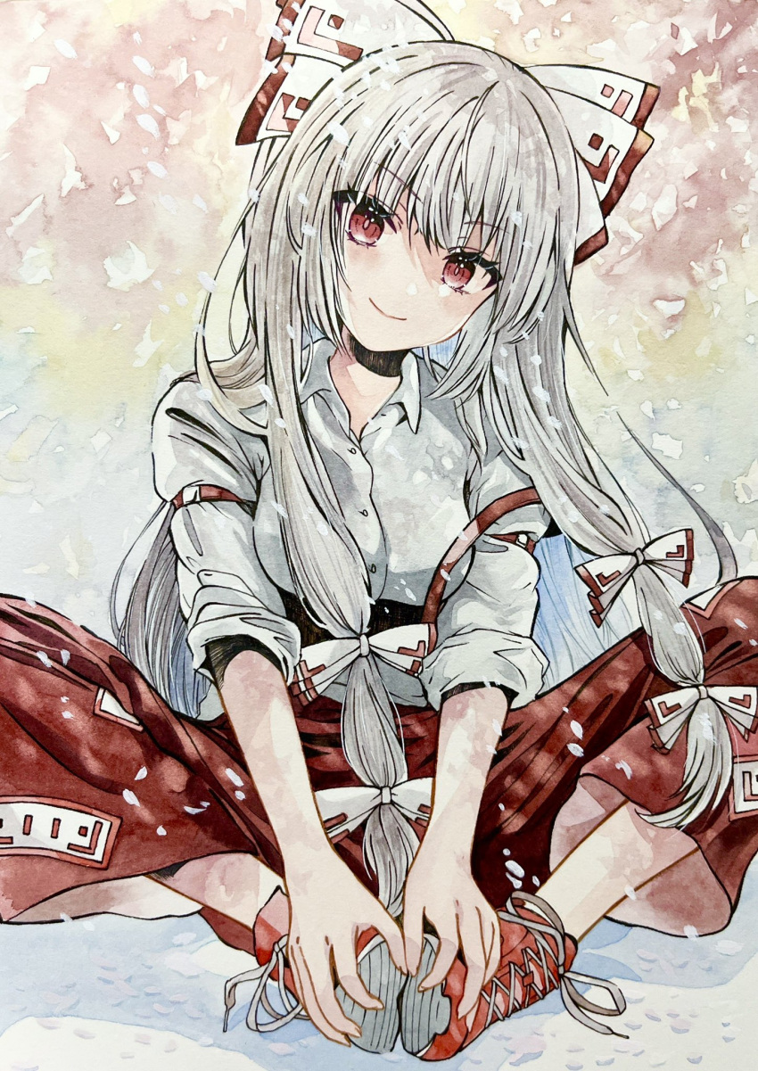 1girl bow butterfly_sitting closed_mouth collared_shirt commentary_request cross-laced_footwear fujiwara_no_mokou full_body grey_eyes grey_shirt hair_bow hands_on_own_feet head_tilt highres long_hair looking_at_viewer ofuda ofuda_on_clothes on_ground pants red_bow red_eyes red_footwear red_pants shirt shoes sitting sleeves_rolled_up smile solo suspenders suspenders_slip touhou very_long_hair white_bow yuzugoori