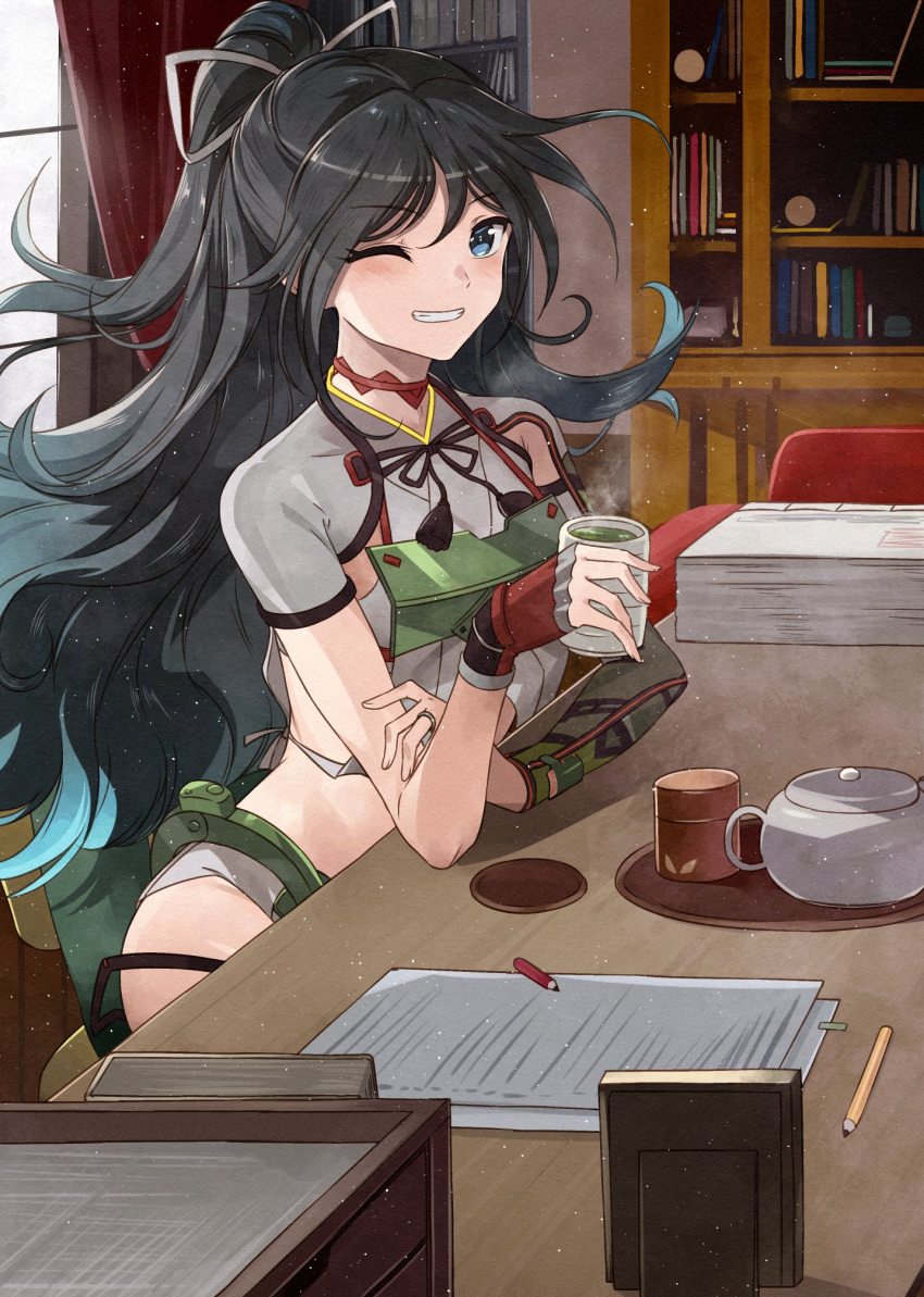 1girl black_hair blue_eyes blush commission cup curtains green_tea grin hair_ribbon highres holding holding_cup indoors kanmiya_shinobu kantai_collection katsuragi_(kancolle) katsuragi_kai_(kancolle) long_hair looking_at_viewer one_eye_closed paper pencil ponytail ribbon sitting skeb_commission smile solo tea white_ribbon window yunomi