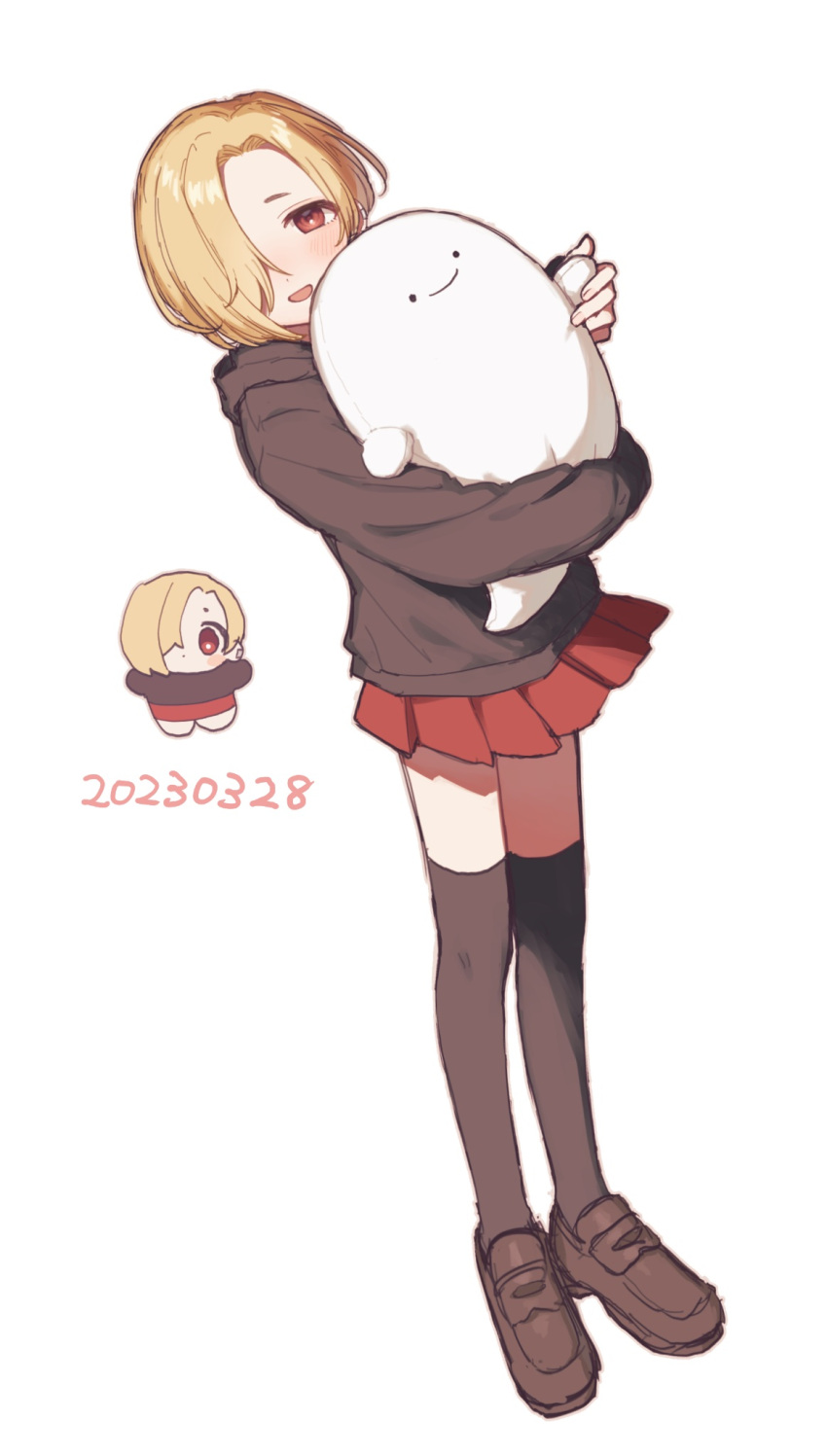 1girl birthday black_hoodie black_skirt blonde_hair chibi chiyoko_(tykchiyo) dated full_body ghost hair_over_one_eye highres holding holding_stuffed_toy hood hoodie idolmaster idolmaster_cinderella_girls loafers looking_at_viewer miniskirt multiple_views open_mouth red_eyes red_skirt shirasaka_koume shoes short_hair simple_background skirt smile stuffed_toy white_background