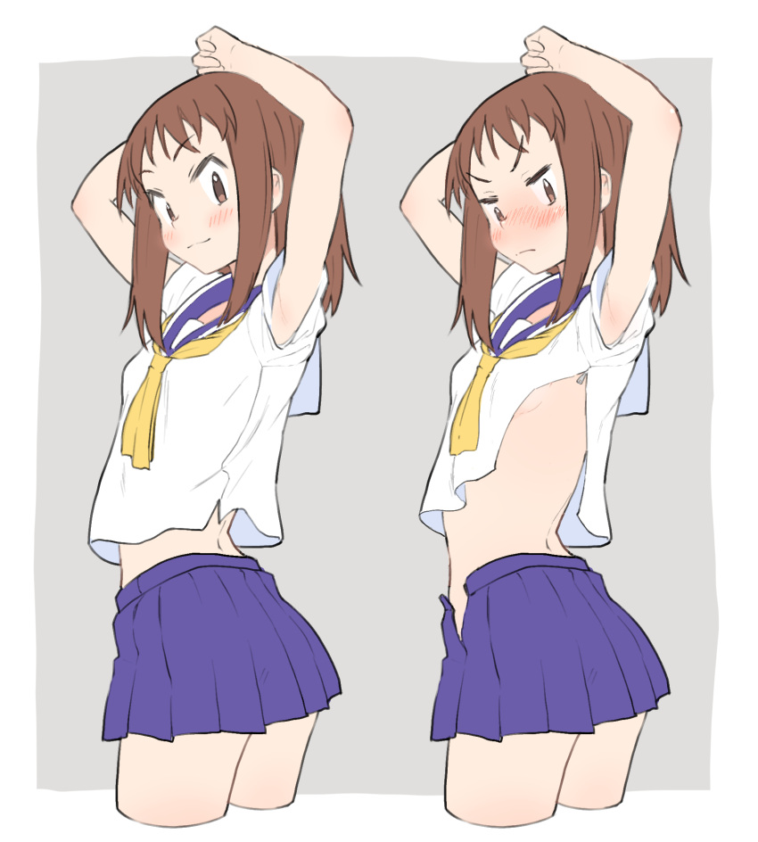 1girl :3 angry annoyed armpits arms_up ass bare_back blue_sailor_collar blue_skirt blush border breasts brown_eyes brown_hair closed_mouth commentary cowboy_shot cropped_legs embarrassed grey_background highres light_smile looking_at_viewer looking_to_the_side medium_hair midriff midriff_peek multiple_views neckerchief no_bra no_panties nose_blush okano_kei open_clothes open_shirt open_skirt outside_border pleated_skirt puffy_short_sleeves puffy_sleeves sailor_collar school_uniform serafuku short_sleeves sideboob sidelocks simple_background skirt small_breasts solo_focus stretching twisted_torso two-tone_sailor_collar uasi unzipped v-shaped_eyebrows v-shaped_eyes white_border white_sailor_collar yellow_neckerchief yuyushiki yuyushiki's_school_uniform
