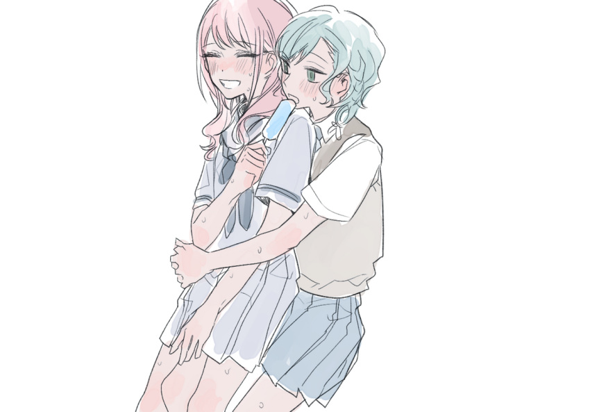 2girls bang_dream! blush brown_sweater_vest closed_eyes collared_shirt commentary_request cowboy_shot fresa_pie green_eyes green_hair grey_neckerchief grey_shirt grin hanasakigawa_school_uniform haneoka_school_uniform hikawa_hina hug hug_from_behind long_hair maruyama_aya multiple_girls neckerchief open_mouth pink_hair pleated_skirt school_uniform shirt short_sleeves simple_background skirt smile sweat sweater_vest white_background white_shirt yuri