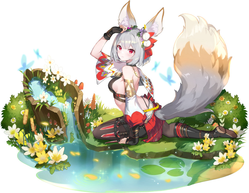 1girl animal_ear_fluff animal_ears backless_outfit bare_shoulders black_footwear black_shirt black_shorts black_thighhighs blunt_ends blush breasts bug bush butterfly detached_sleeves eversoul flower fox_ears fox_girl fox_tail from_side game_cg grey_hair hair_ornament haru_(eversoul) highres knife light_smile lily_pad looking_up medium_breasts multicolored_hair non-web_source official_alternate_costume official_alternate_hairstyle official_art outdoors red_eyes red_skirt shirt short_hair shorts sideboob single_sleeve sitting skirt solo tachi-e tail thigh_strap thighhighs transparent_background tree_hollow two-tone_hair water white_flower white_sleeves yellow_flower