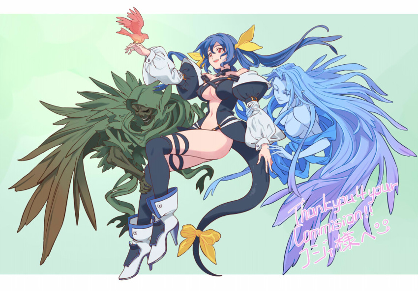 2girls bare_shoulders bird black_panties black_sleeves black_thighhighs blue_hair blue_skin boots breasts cloak closed_eyes colored_skin commentary_request commission detached_sleeves dizzy_(guilty_gear) english_text futa_yuri_ryona green_background green_cloak guilty_gear guilty_gear_xx high_heel_boots high_heels long_hair long_sleeves mixed-language_text multiple_girls necro_(guilty_gear) panties pointy_ears puffy_detached_sleeves puffy_sleeves revealing_clothes ribbon simple_background tail tail_ornament tail_ribbon thighhighs translation_request underboob underwear undine_(guilty_gear) white_footwear white_sleeves