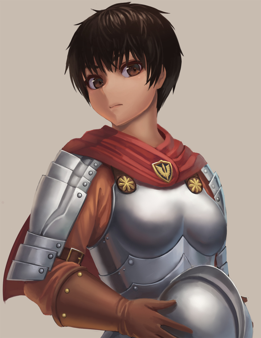 1girl armor bangs berserk black_hair breastplate brown_background brown_eyes brown_gloves brown_shirt capelet casca closed_mouth commentary_request dark_skin expressionless gloves head_tilt helmet highres holding holding_helmet looking_at_viewer ranma_(kamenrideroz) red_capelet shirt short_hair shoulder_armor simple_background solo spaulders upper_body