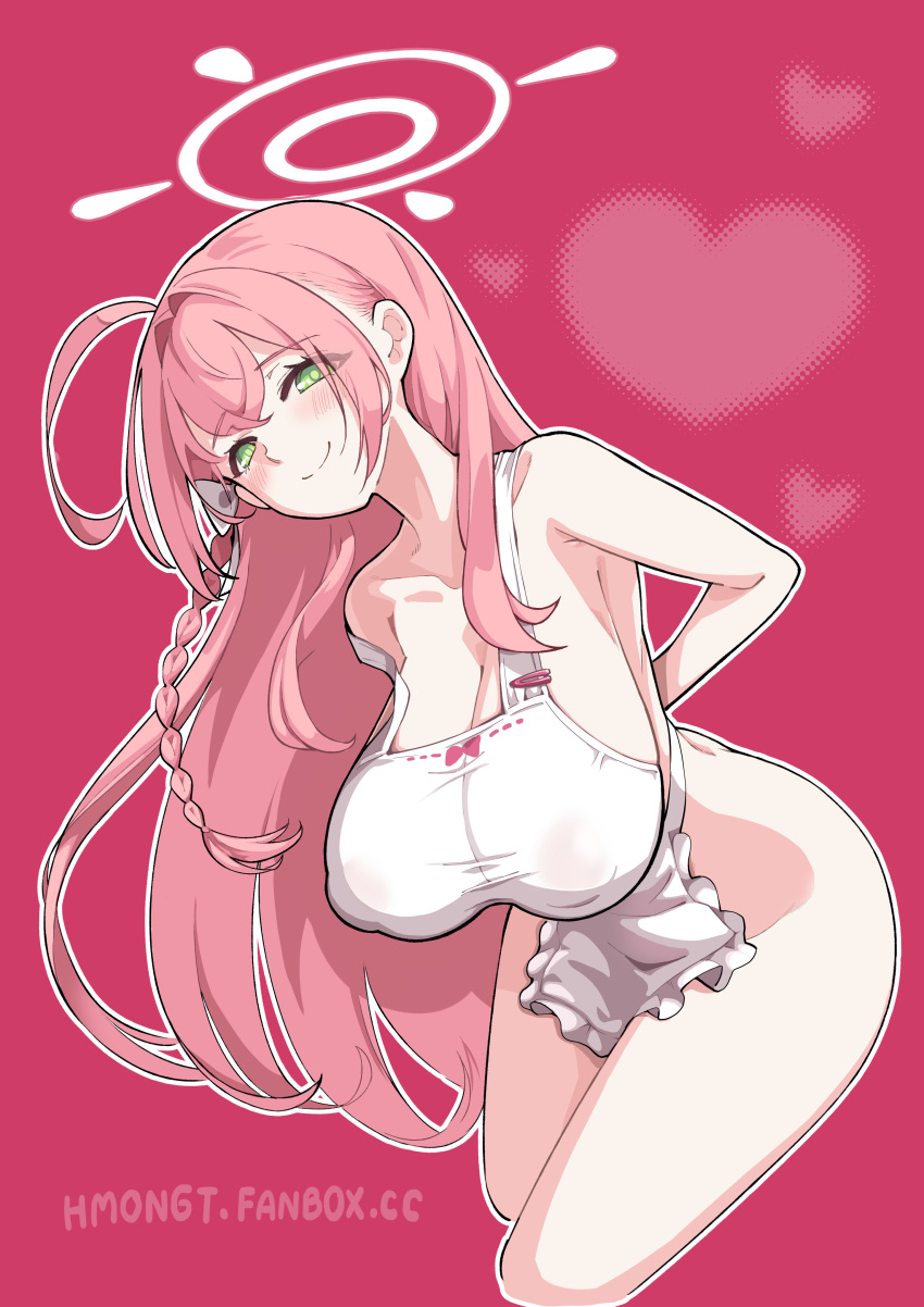 1girl absurdres ahoge blue_archive blush braid breasts cleavage closed_mouth collarbone cowboy_shot cropped_legs green_eyes halo hanako_(blue_archive) highres hm_(hmongt) large_breasts long_hair looking_at_viewer pink_background pink_hair pink_halo simple_background single_braid smile solo