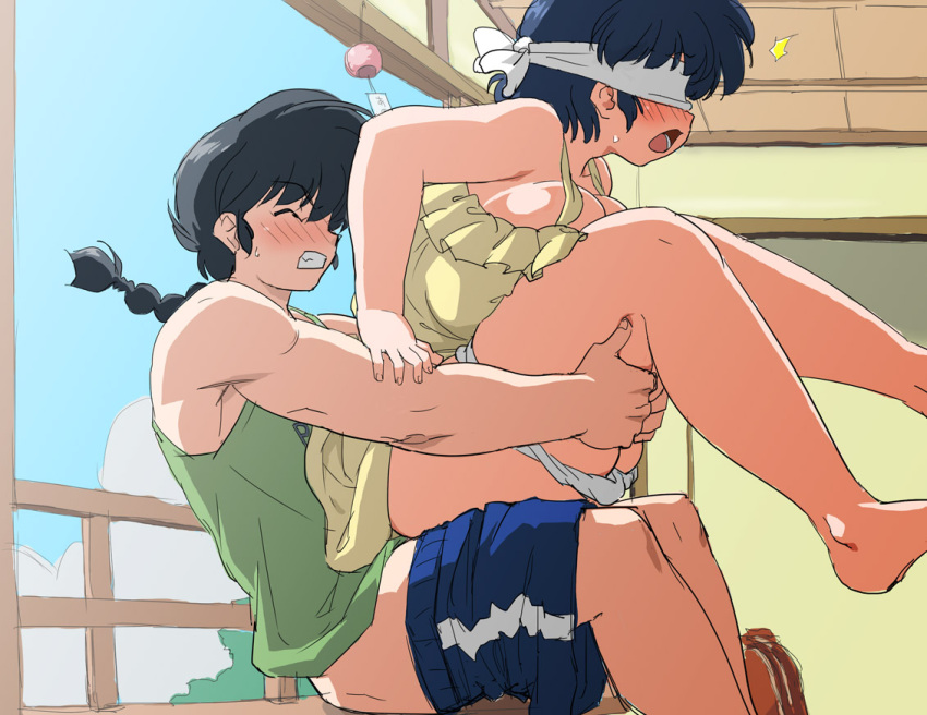 1boy 1girl barefoot blindfold blue_hair braid braided_ponytail closed_mouth mage_(harumagedon) open_mouth panties panty_pull ranma_1/2 saotome_ranma sex short_hair shorts teeth tendou_akane underwear white_panties