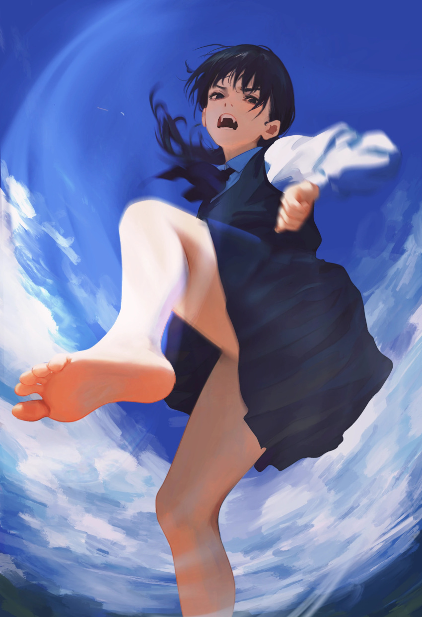 1girl absurdres barefoot black_dress black_eyes black_hair blue_sky chainsaw_man cloud commentary disgust dress feet foot_out_of_frame fourth_east_high_school_uniform glaring highres knee_up long_sleeves looking_at_viewer mitaka_asa motion_blur open_mouth school_uniform shirt sky sleeveless sleeveless_dress soles solo standing teeth upper_teeth_only white_shirt yao_liao_wang