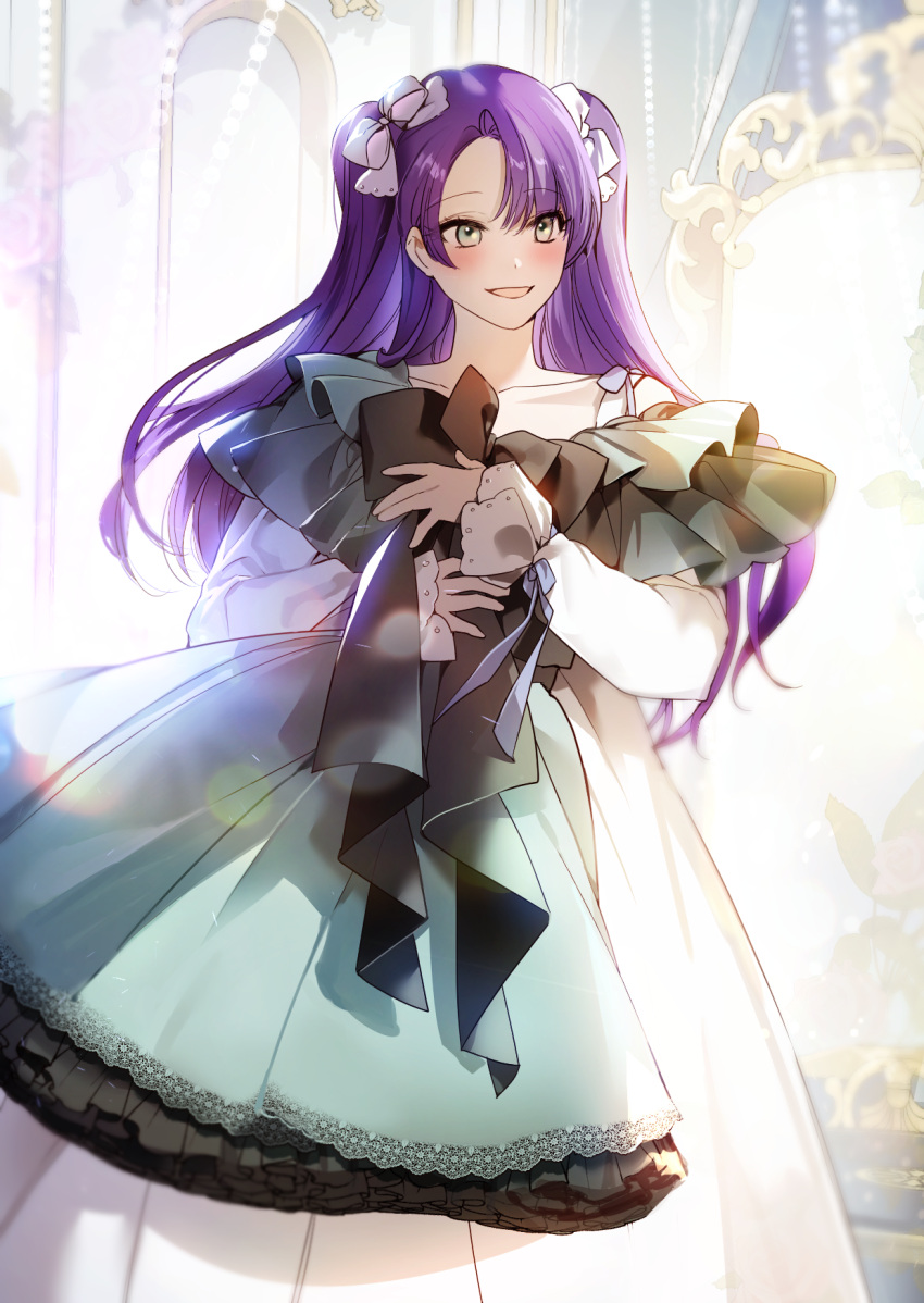 1girl blue_ribbon blush commentary dress english_commentary fresa_pie green_dress grey_eyes hair_ribbon highres hugging_object indoors long_sleeves mirror open_mouth original purple_hair ribbon sleeves_past_wrists smile solo twintails unworn_dress white_dress white_ribbon