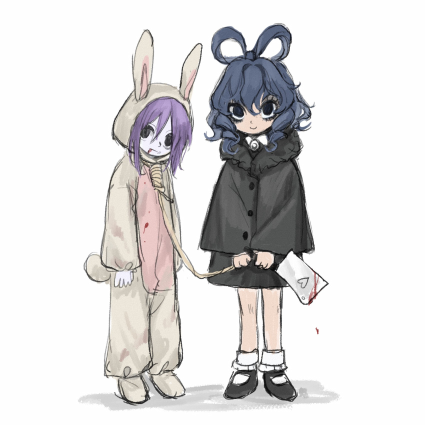 2girls 80isiiii alternate_costume animal_ears black_capelet black_eyes black_footwear black_skirt blood blood_drop blood_from_mouth blood_on_clothes blood_on_face blood_on_knife blood_stain blue_hair buttons capelet collared_shirt curly_hair empty_eyes expressionless fake_animal_ears fake_tail frilled_capelet frilled_socks frills gem hair_between_eyes hair_rings hanged heart highres holding holding_knife holding_rope holding_weapon jewelry kaku_seiga kitchen_knife knife looking_at_viewer looking_to_the_side mary_janes medium_hair miyako_yoshika multiple_girls pajamas pale_skin purple_hair rabbit_ears rabbit_pajamas rabbit_tail rope rope_around_neck shirt shoes simple_background sketch skirt smile socks tail touhou weapon white_background white_shirt white_socks